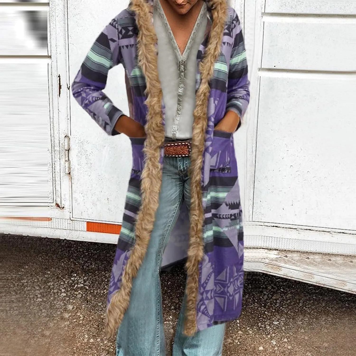 2023 Women Winter Long Windbreaker Jackets Trendy Casual Fleece Coat Plus Size Printed Overcoat Stylish Trench Coats Outwear