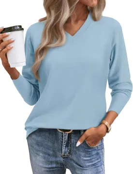 2025 Women's Sweaters Knitted Ribbed Casual Thin Long Sleeve Pullover V Neck Lightweight Sweatshirts Cute Blouse Tops