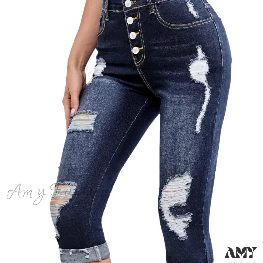 Amy Fashion - Summer New Skinny Stretch Ripped Calf-Length Casual Female Fashion Jean