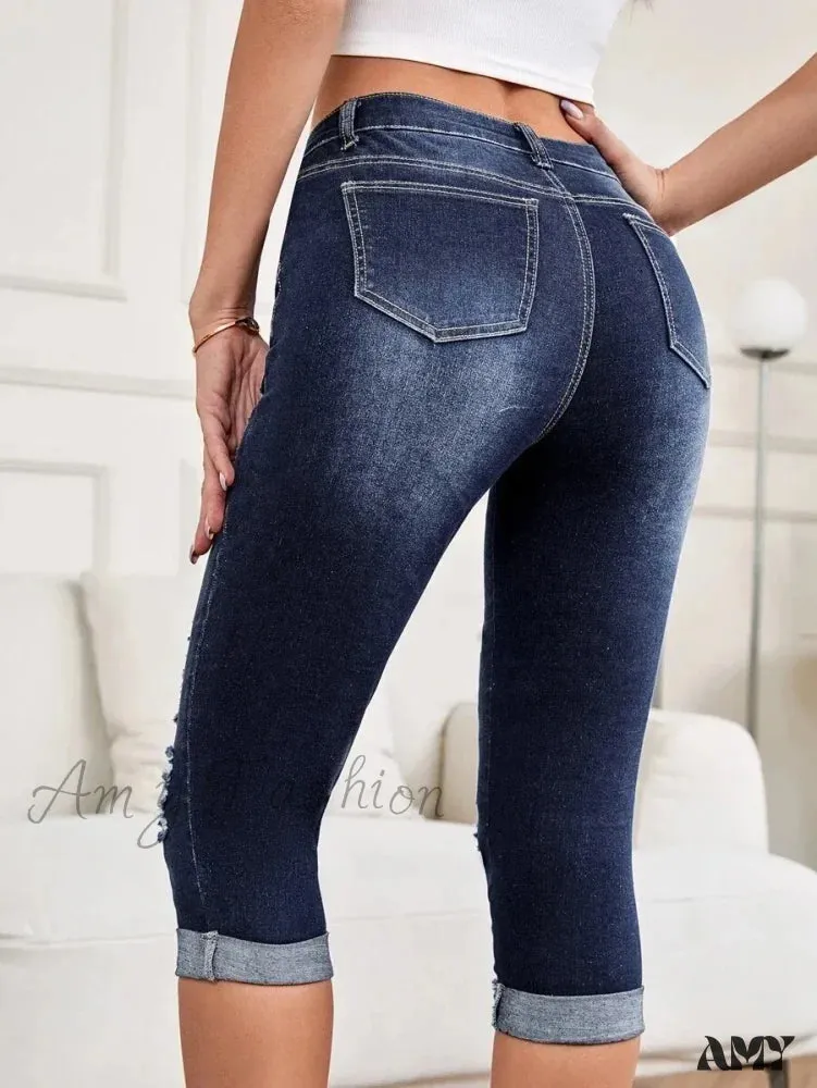 Amy Fashion - Summer New Skinny Stretch Ripped Calf-Length Casual Female Fashion Jean