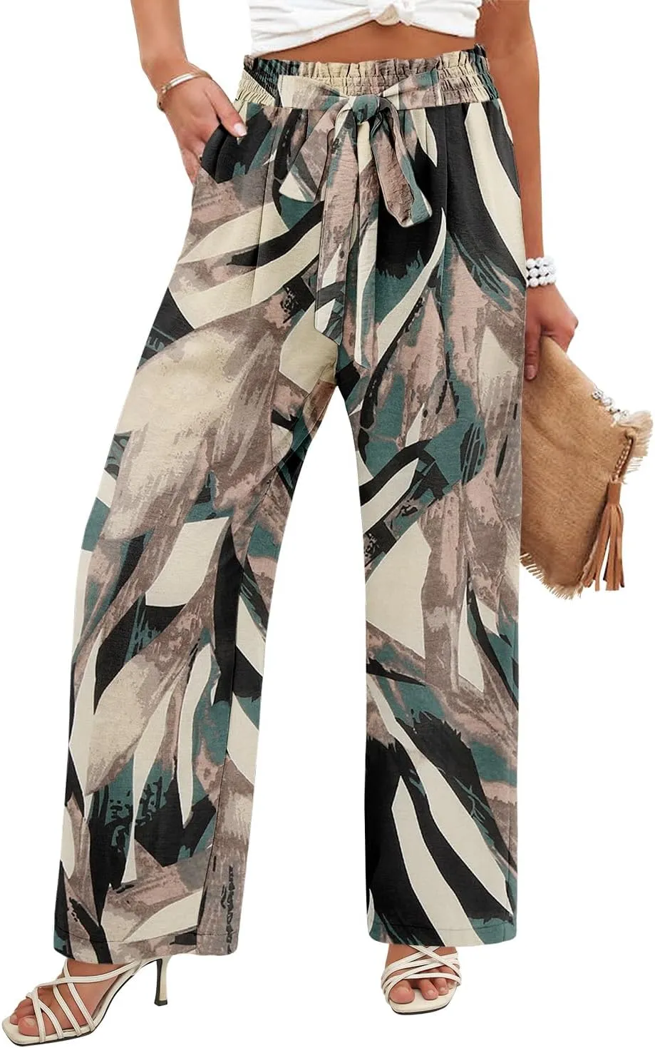 Angerella Womens Wide Leg Pants High Elastic Waist Adjustable Knot Casual Flowy Trousers Business Work Pants with Pockets