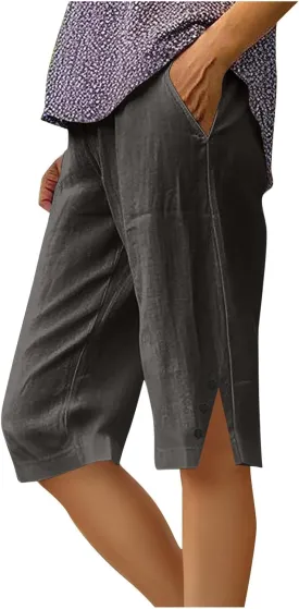 Bermuda Shorts for Women,Knee Length Linen Capri Pants High Waisted Comfy Casual Plus Size Capris 2025