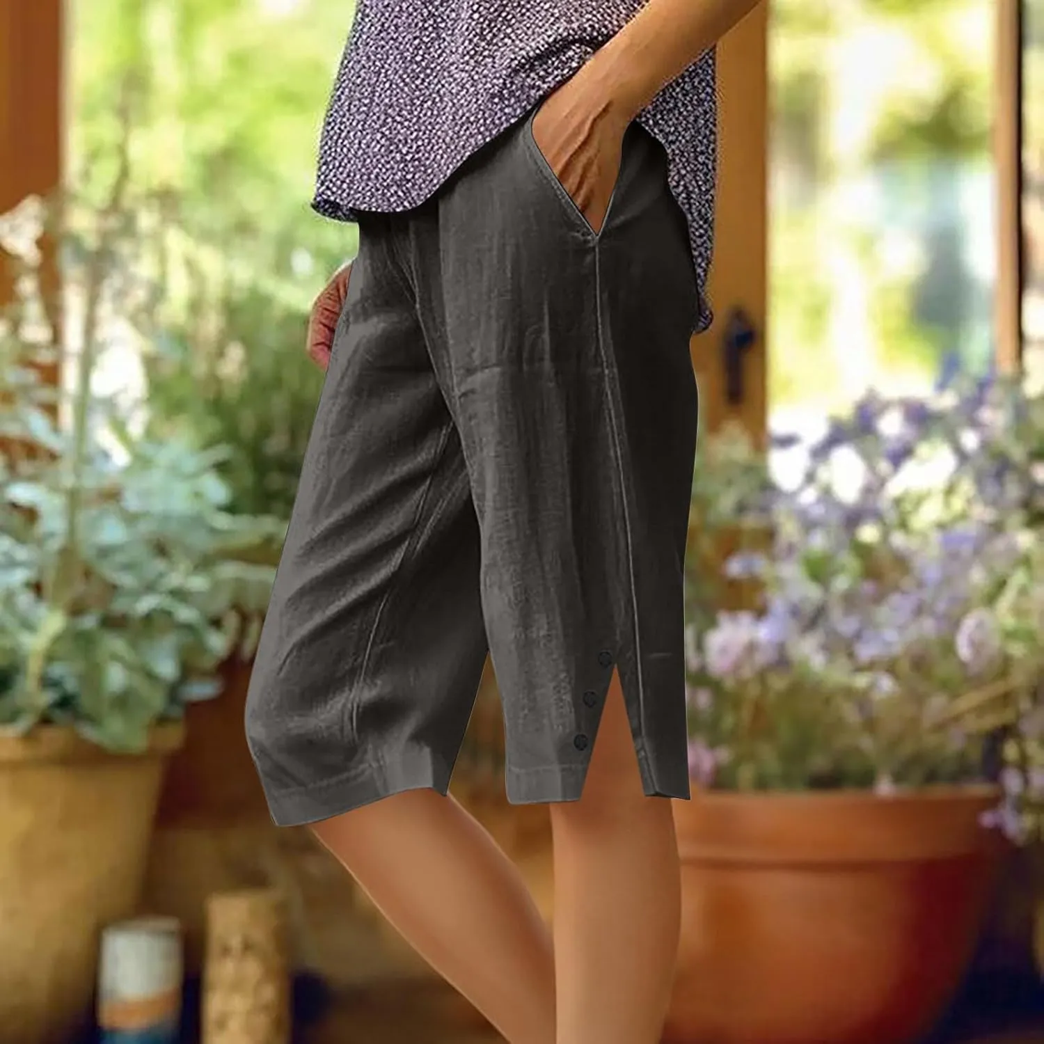 Bermuda Shorts for Women,Knee Length Linen Capri Pants High Waisted Comfy Casual Plus Size Capris 2025