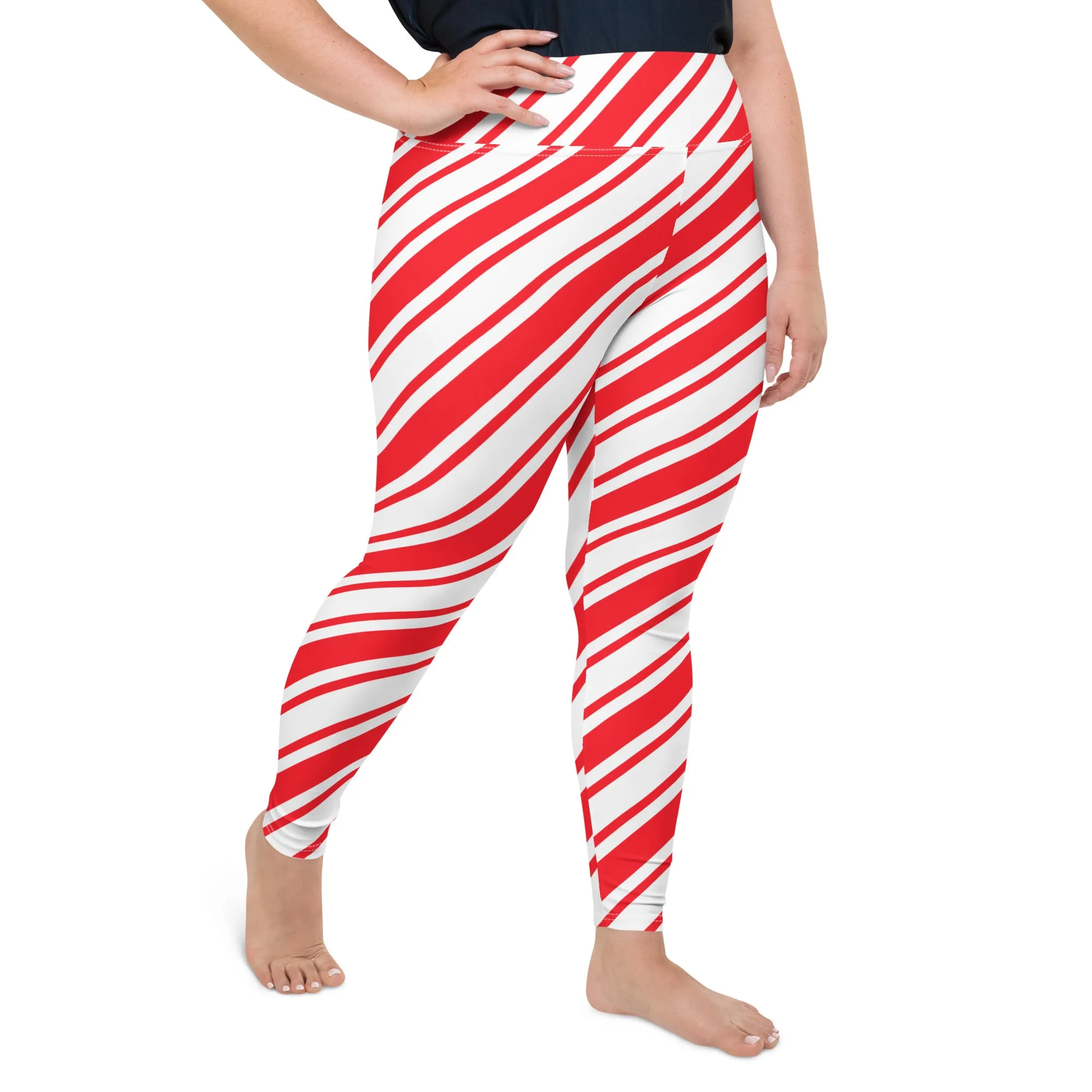 Candy Cane Plus Size Leggings, Women Red Christmas Striped Printed Elf Winter Designer Workout Gym Sports Fun Yoga Pants Tights