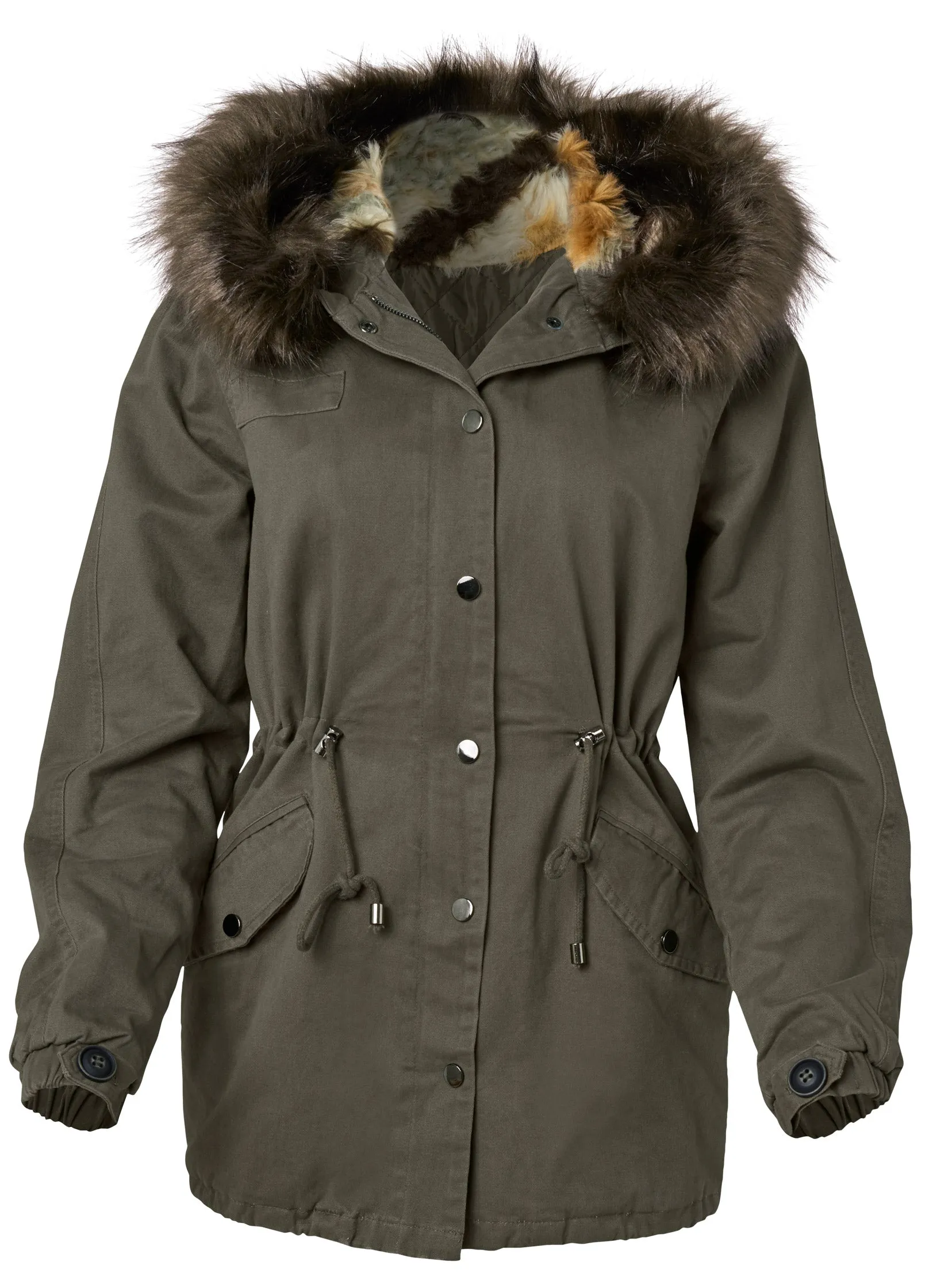 Cargo Jacket With Faux Fur Hood - Olive