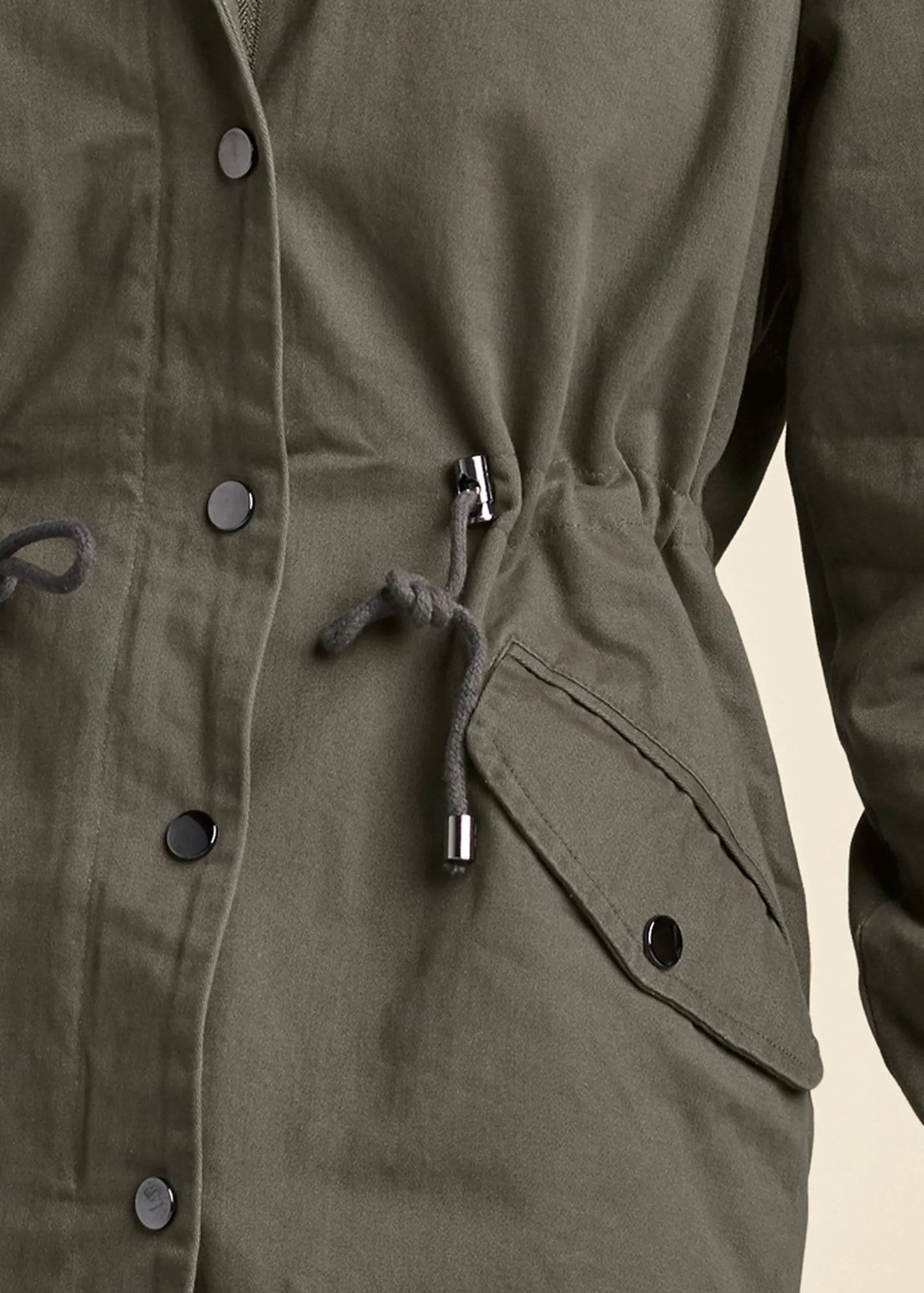 Cargo Jacket With Faux Fur Hood - Olive