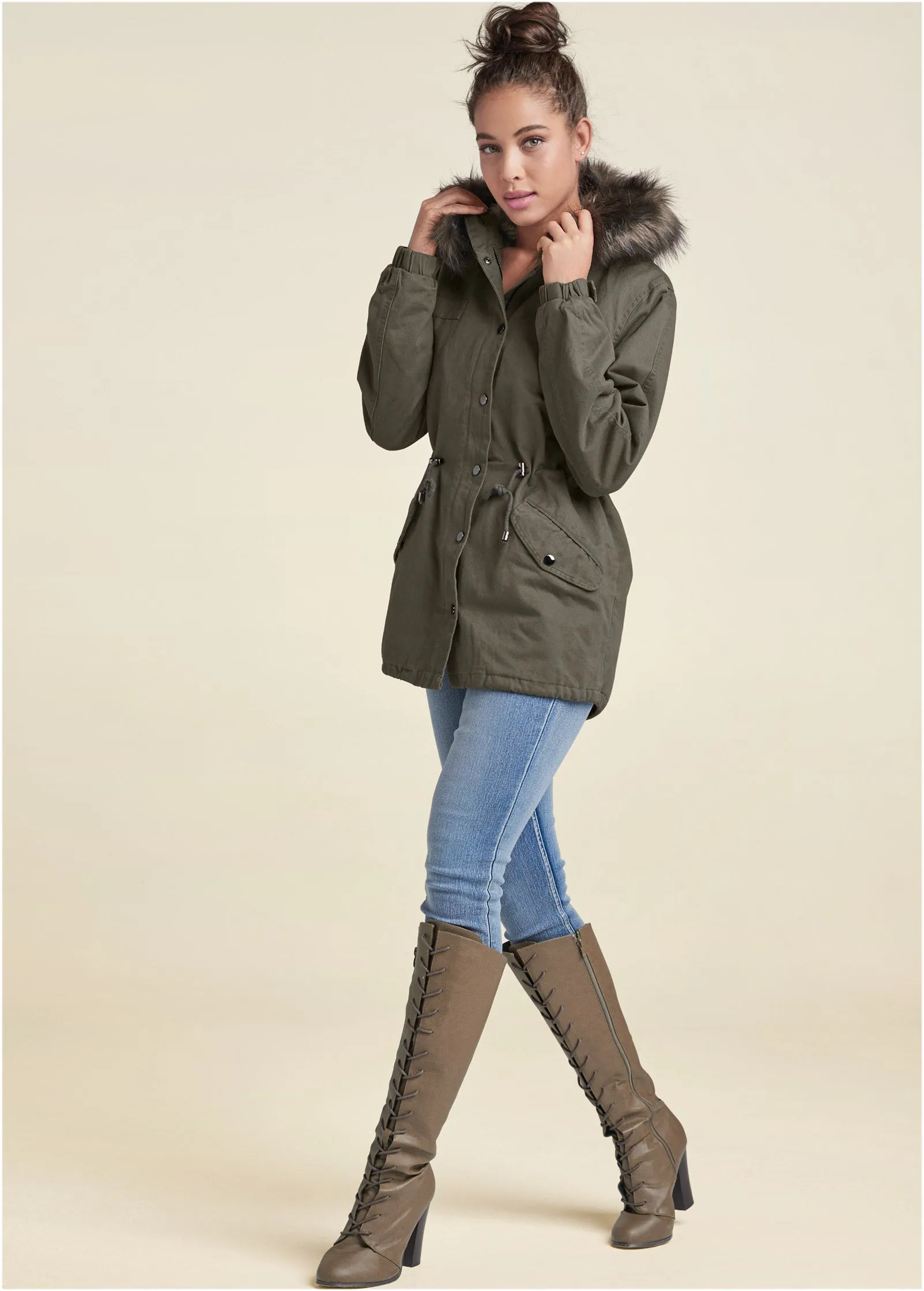 Cargo Jacket With Faux Fur Hood - Olive