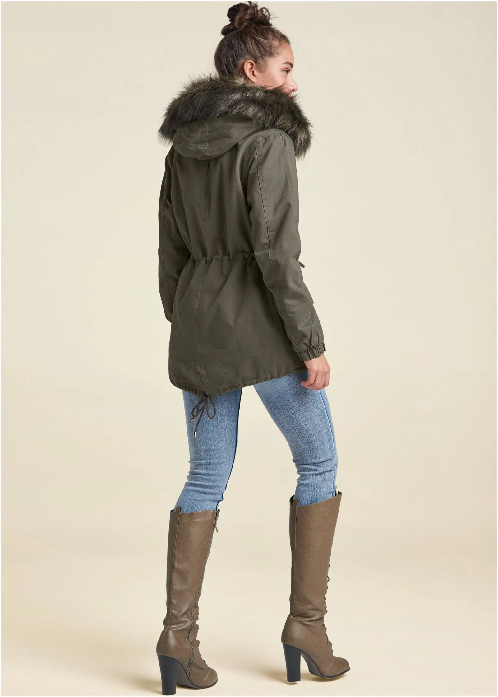 Cargo Jacket With Faux Fur Hood - Olive