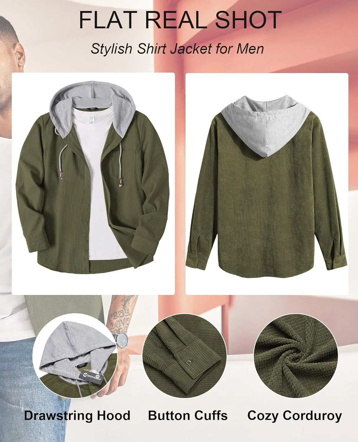 COOFANDY Men's Corduroy Shirt Jackets Long Sleeve Button Down Casual Stylish Hooded Shacket Jacket with Pocket