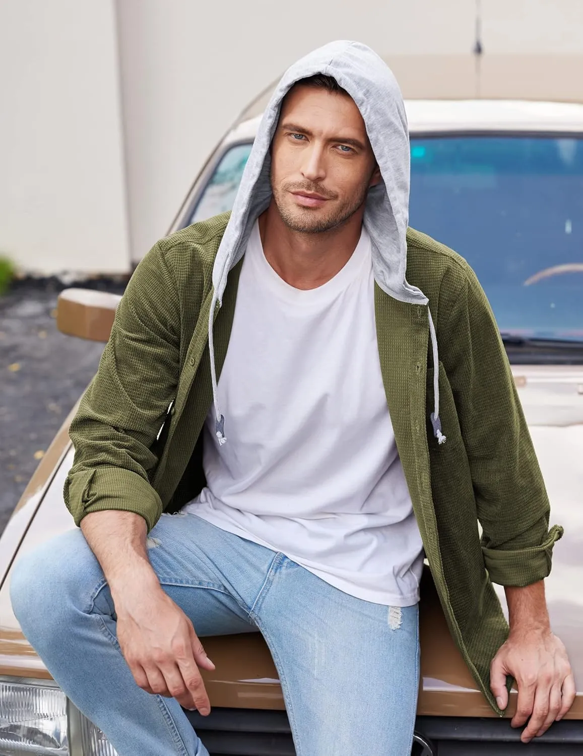 COOFANDY Men's Corduroy Shirt Jackets Long Sleeve Button Down Casual Stylish Hooded Shacket Jacket with Pocket
