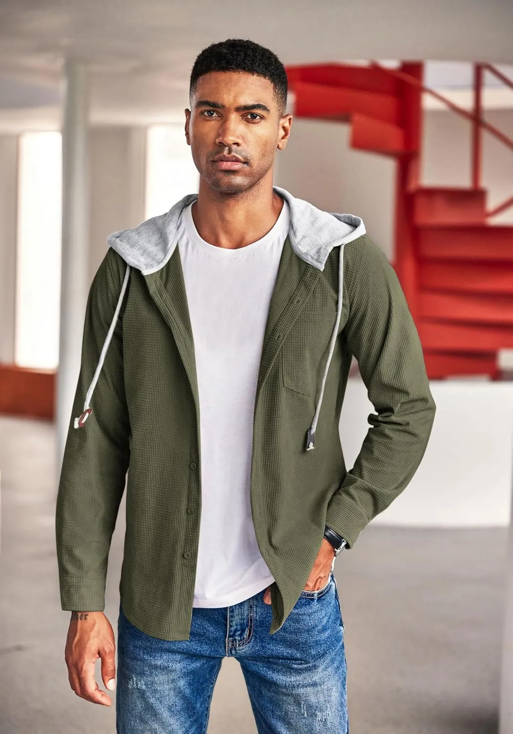 COOFANDY Men's Corduroy Shirt Jackets Long Sleeve Button Down Casual Stylish Hooded Shacket Jacket with Pocket