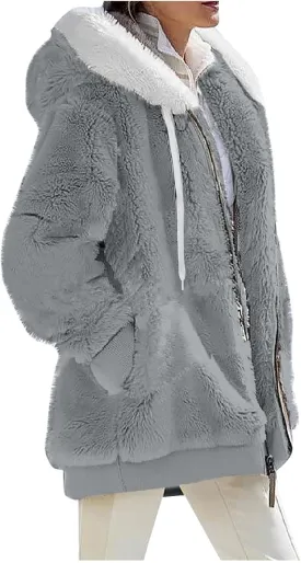 COTECRAM Winter Coats for Women 2023 Casual Plus Size Fleece Jacket Color Block Zip Up Hoodies Coat Outwear with Pockets