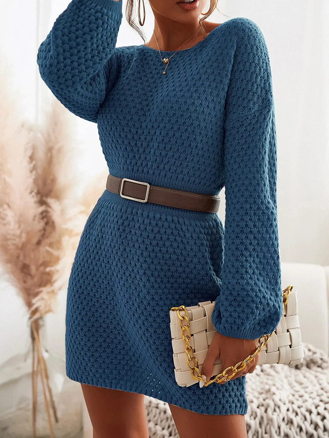 CUPSHE Womens Textured Knit Pullover Sweater Dress Long Sleeve Banded Waist Mini Casual Fall Winter Sweater Dress