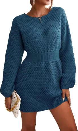 CUPSHE Womens Textured Knit Pullover Sweater Dress Long Sleeve Banded Waist Mini Casual Fall Winter Sweater Dress