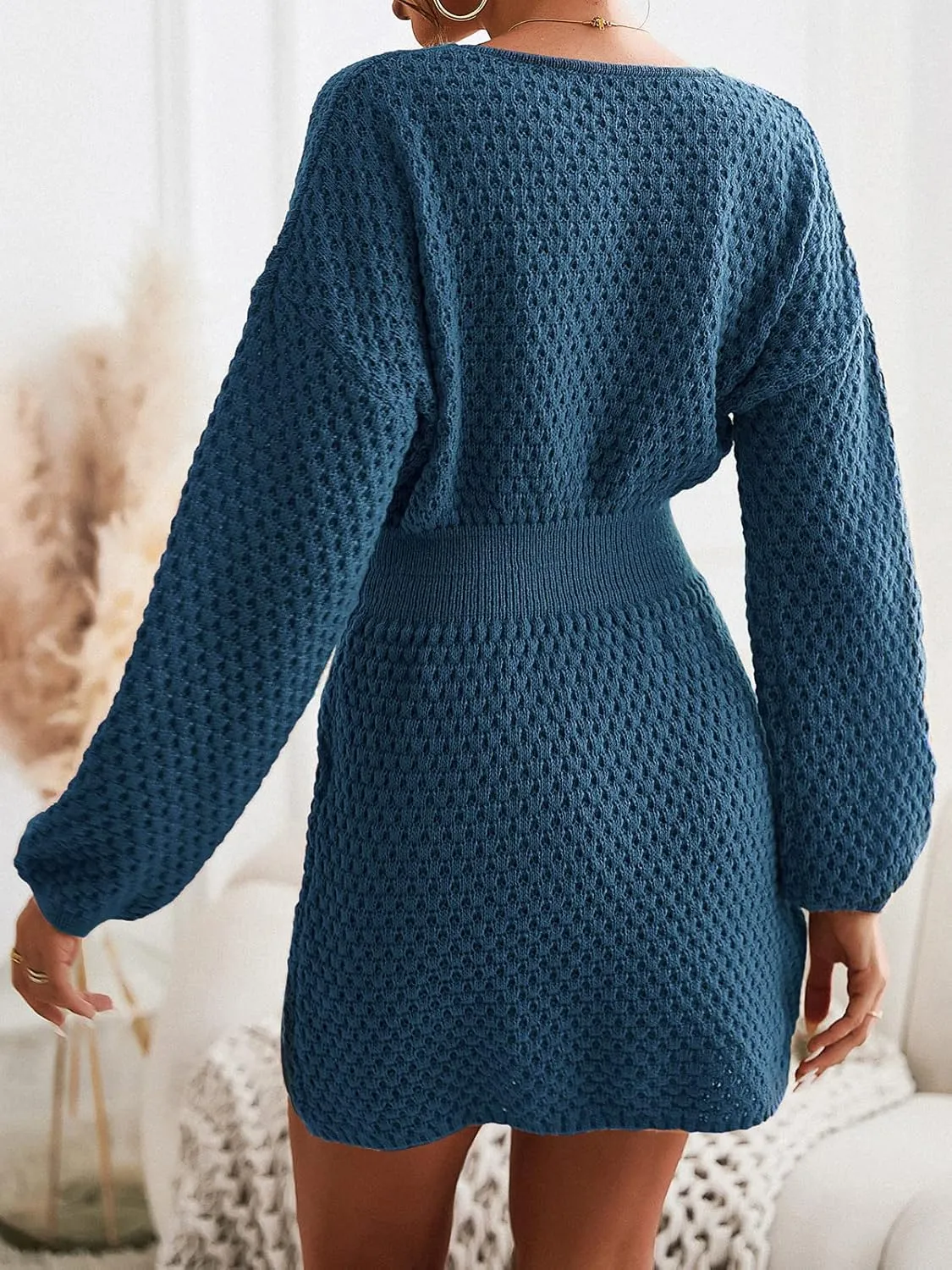 CUPSHE Womens Textured Knit Pullover Sweater Dress Long Sleeve Banded Waist Mini Casual Fall Winter Sweater Dress