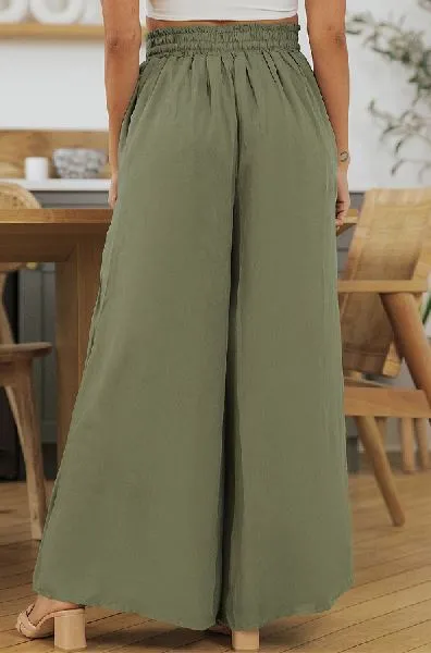 Drawstring Smocked High Waist Wide Leg Pants