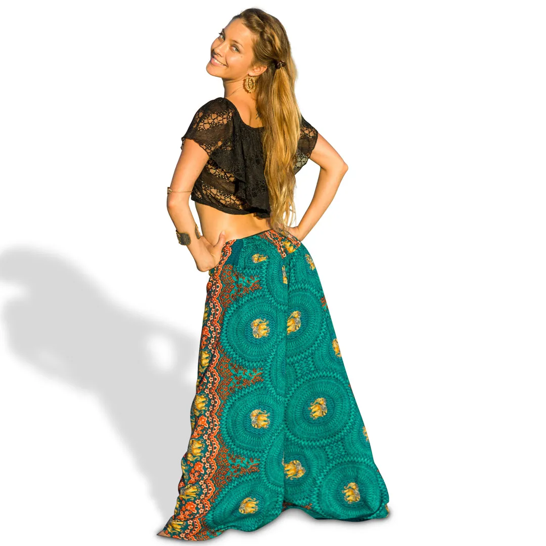 Elephant Design Open Leg Pants in Turquoise