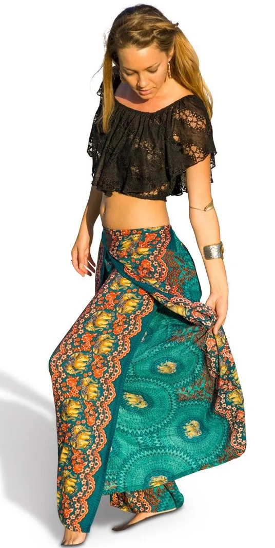 Elephant Design Open Leg Pants in Turquoise