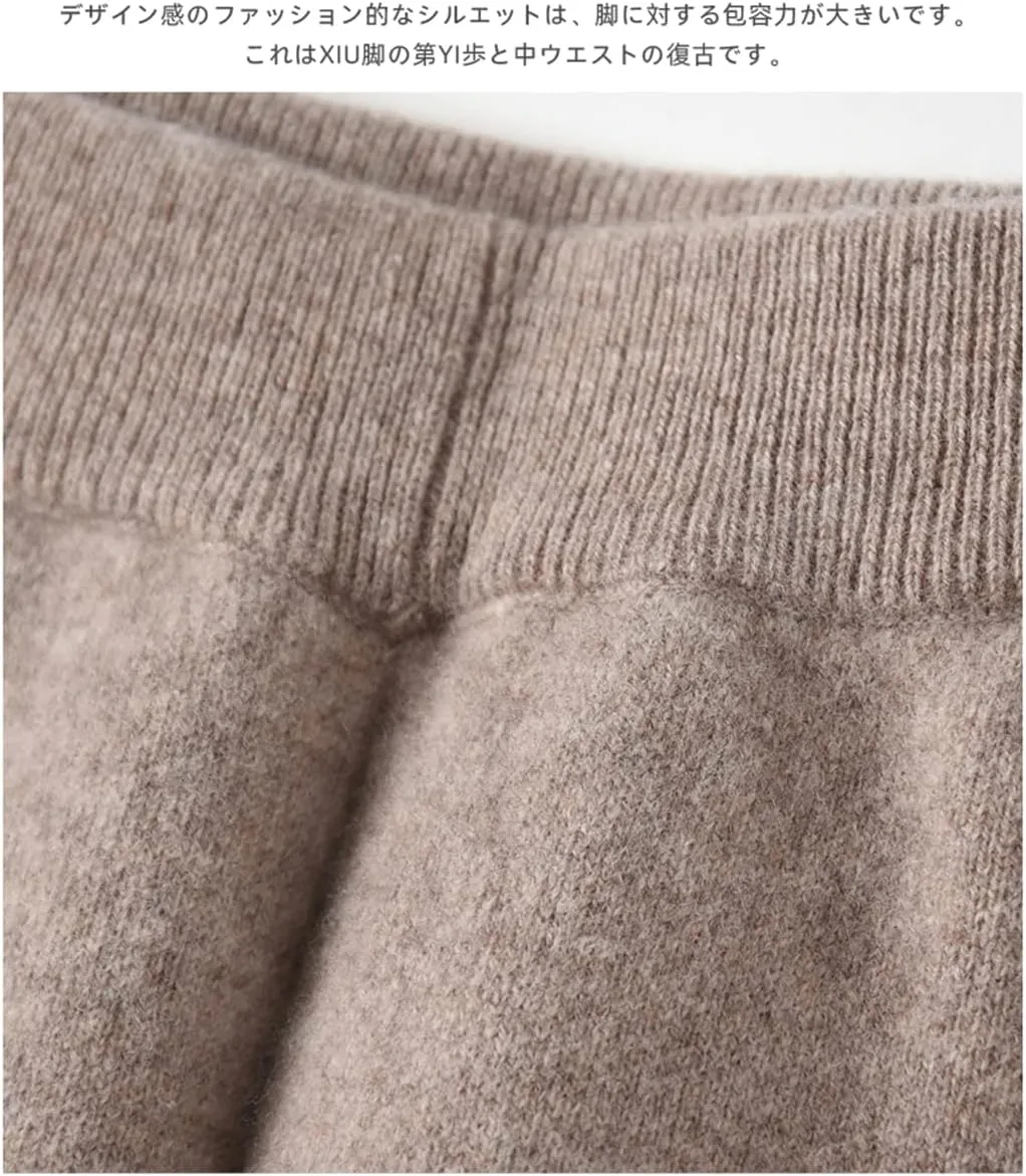 Fulbant Winter Women Loose Trousers with Pocket 100% Wool Thicker Knitwear Pants