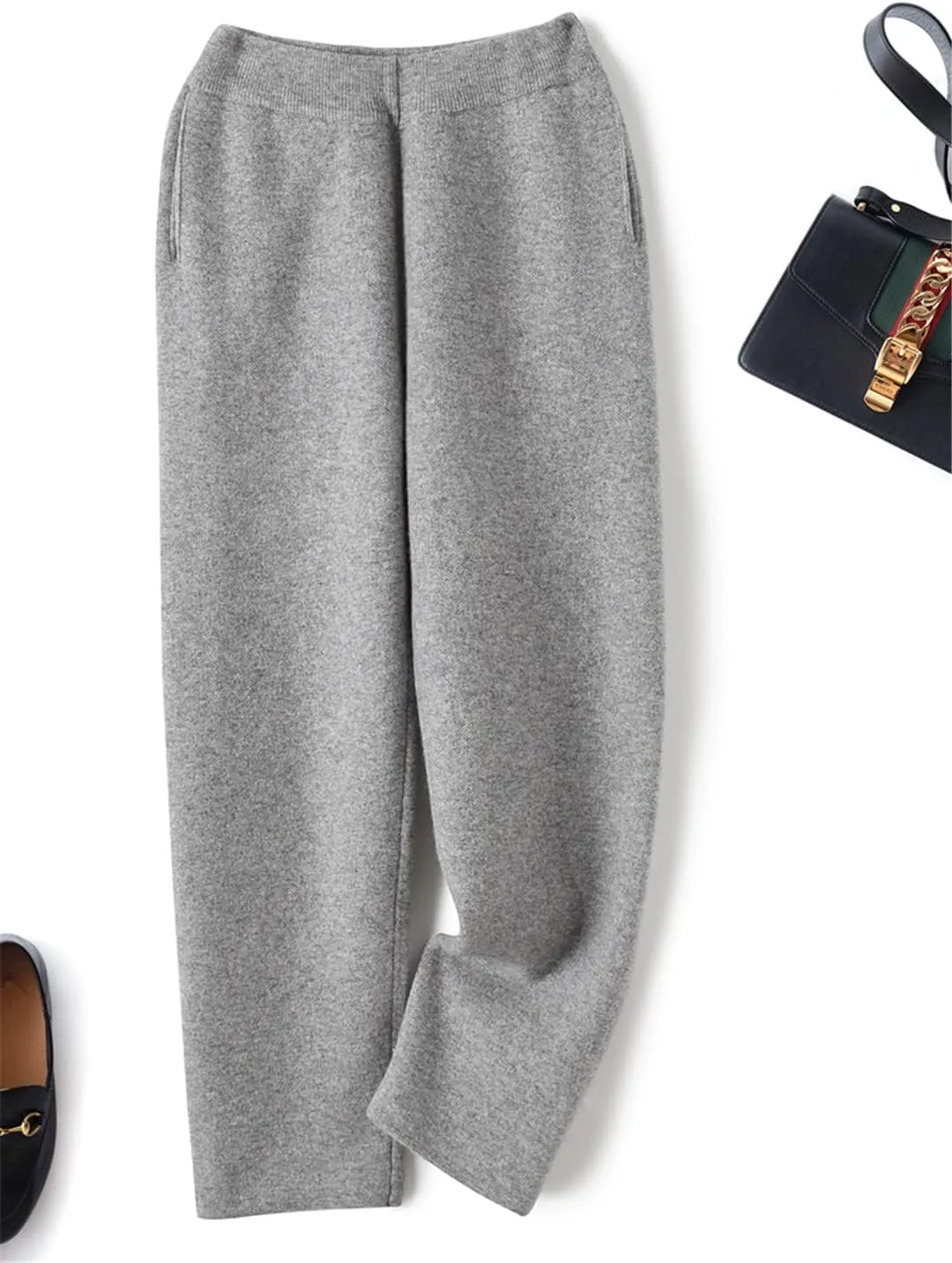 Fulbant Winter Women Loose Trousers with Pocket 100% Wool Thicker Knitwear Pants