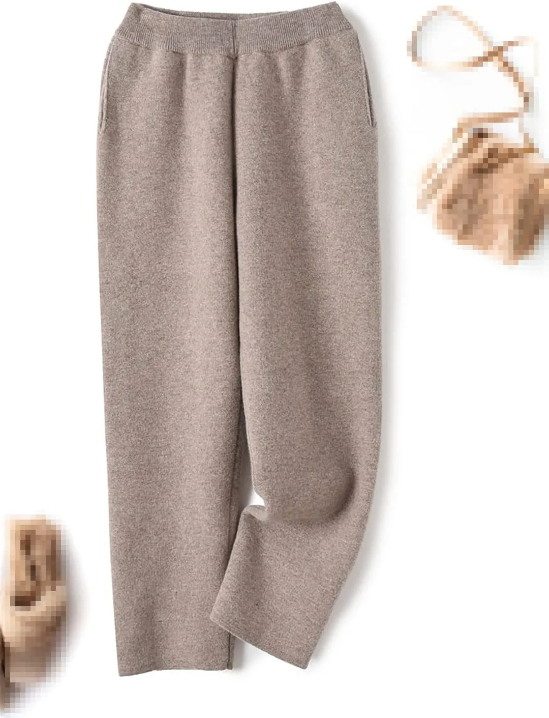 Fulbant Winter Women Loose Trousers with Pocket 100% Wool Thicker Knitwear Pants