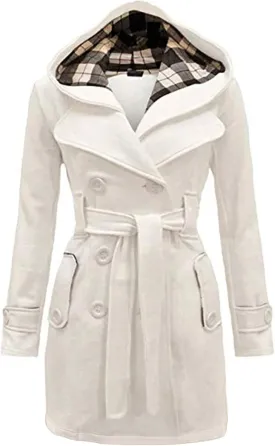 GRASWE Women's Winter Double Breasted Plaid Pea Coat Mid Long Outwear Coat with Hood