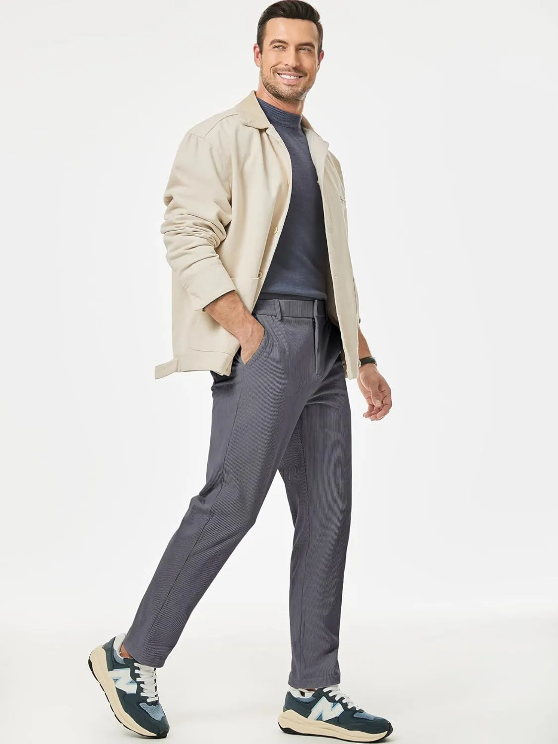 JMIERR Mens Casual Corduroy Pants Flat Front Elastic Waistband Stretch Straight Leg Slim Fit Dress Pant with Pockets