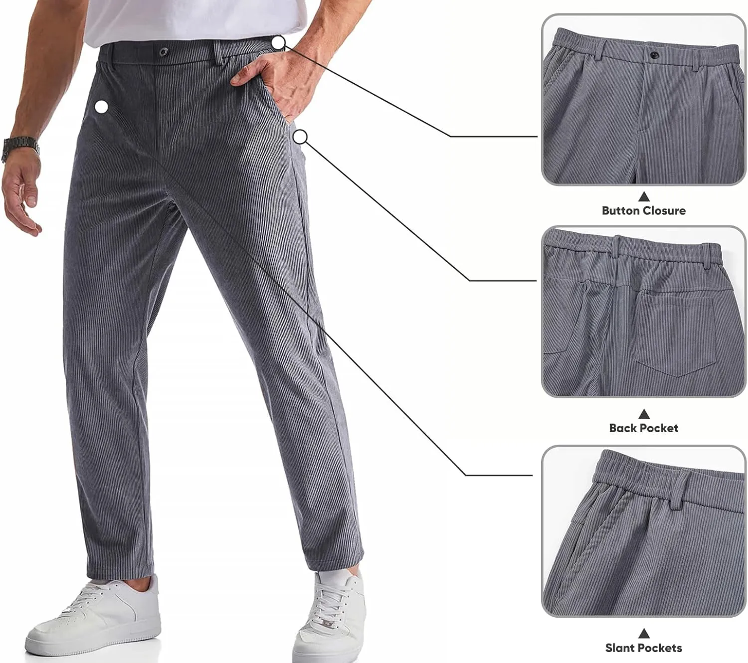 JMIERR Mens Casual Corduroy Pants Flat Front Elastic Waistband Stretch Straight Leg Slim Fit Dress Pant with Pockets