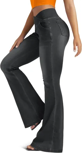 Knit Stretchy Jean Leggings for Women with Crossover High Waisted Bell Bottom Yoga Pants Flare Leggings with Pockets