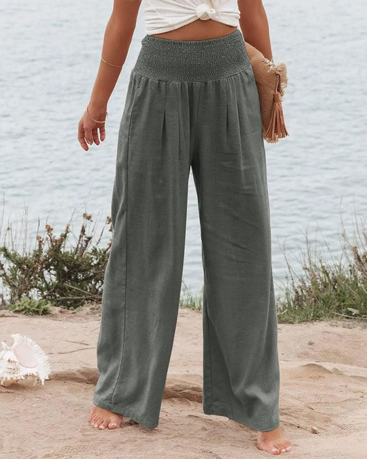 Kubbon Women Linen Palazzo Pants High Waist Casual Pants Wide Leg Long Lounge Pant Trousers Beach Travel Vacation Outfits