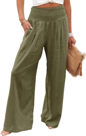 Kubbon Women Linen Palazzo Pants High Waist Casual Pants Wide Leg Long Lounge Pant Trousers Beach Travel Vacation Outfits