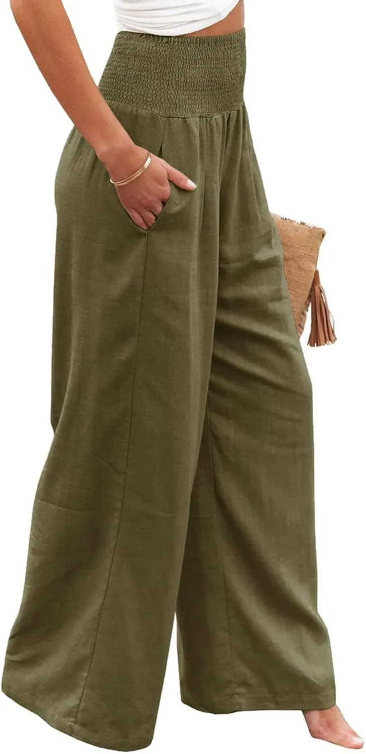 Kubbon Women Linen Palazzo Pants High Waist Casual Pants Wide Leg Long Lounge Pant Trousers Beach Travel Vacation Outfits