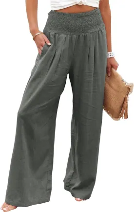 Kubbon Women Linen Palazzo Pants High Waist Casual Pants Wide Leg Long Lounge Pant Trousers Beach Travel Vacation Outfits
