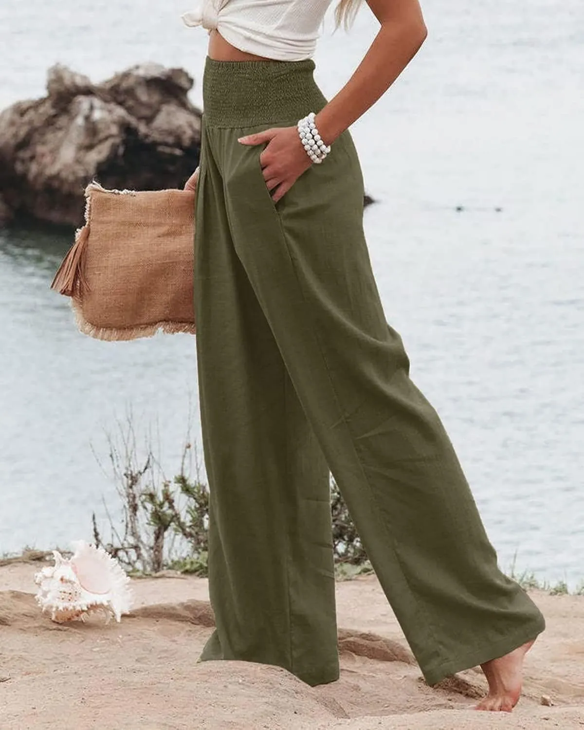 Kubbon Women Linen Palazzo Pants High Waist Casual Pants Wide Leg Long Lounge Pant Trousers Beach Travel Vacation Outfits