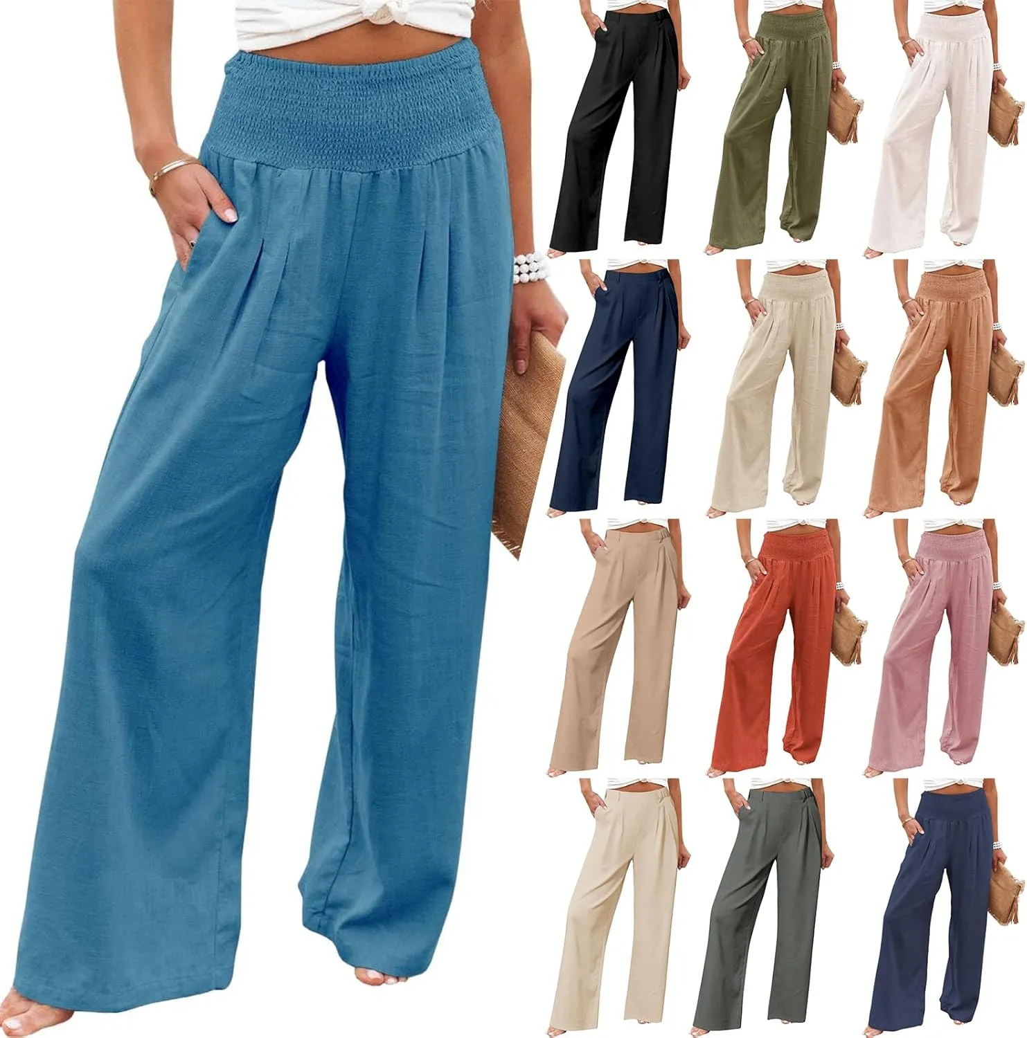 Kubbon Women Linen Palazzo Pants High Waist Casual Pants Wide Leg Long Lounge Pant Trousers Beach Travel Vacation Outfits