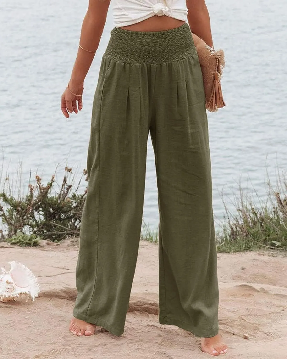 Kubbon Women Linen Palazzo Pants High Waist Casual Pants Wide Leg Long Lounge Pant Trousers Beach Travel Vacation Outfits