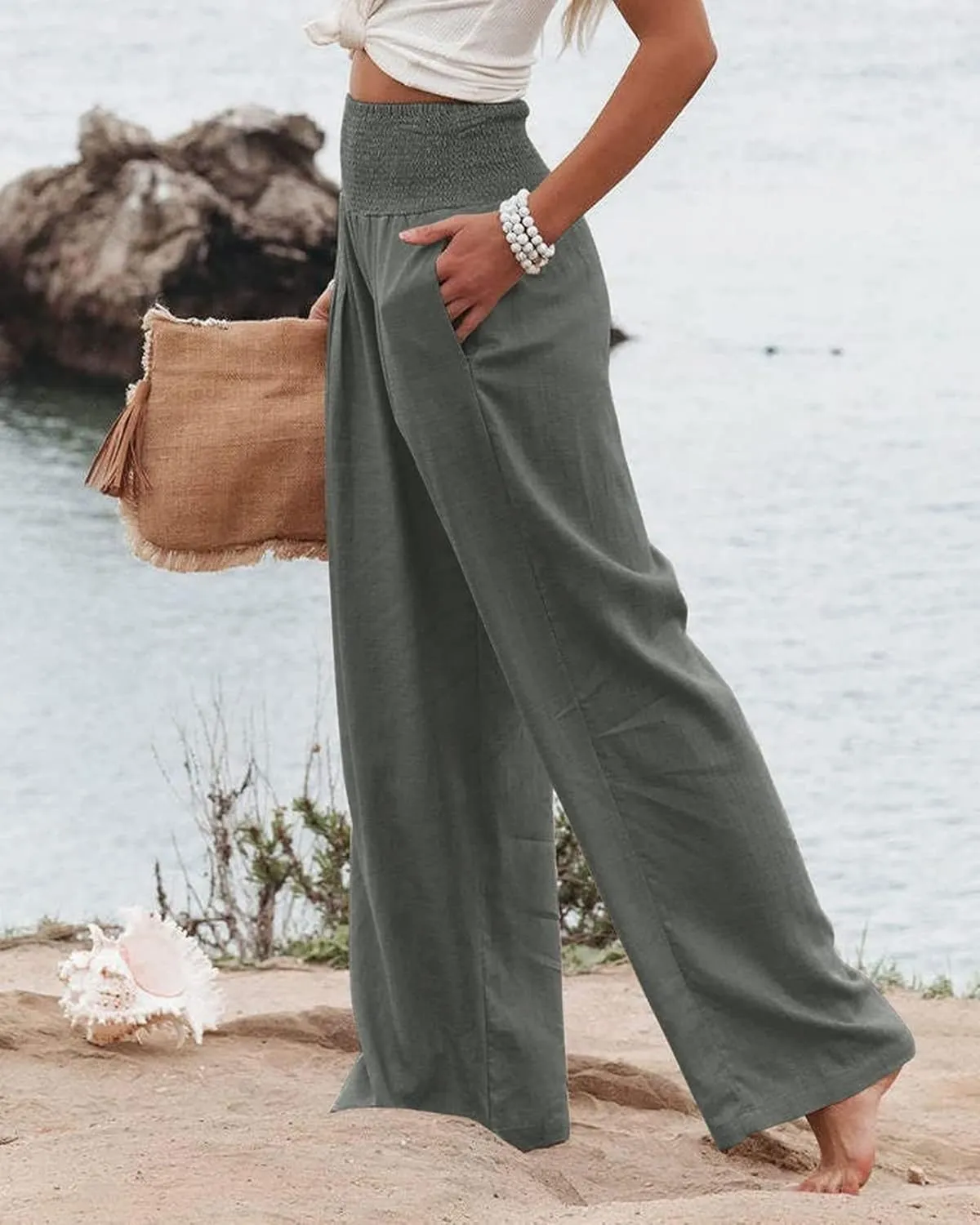 Kubbon Women Linen Palazzo Pants High Waist Casual Pants Wide Leg Long Lounge Pant Trousers Beach Travel Vacation Outfits