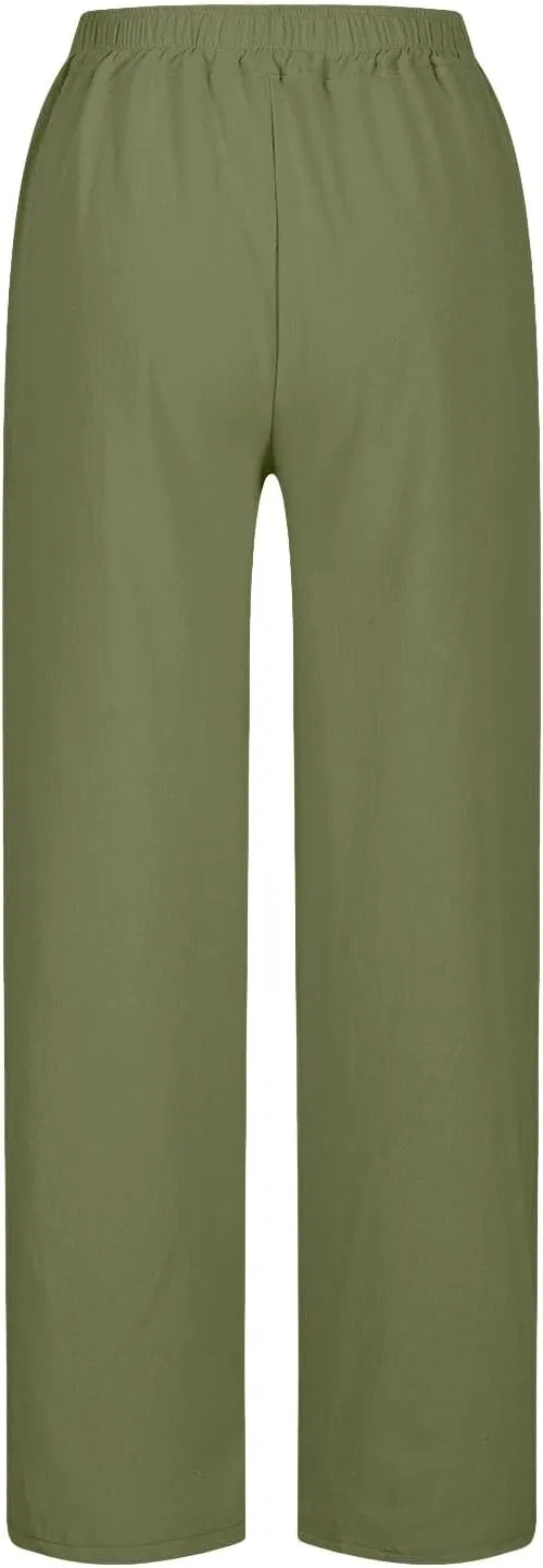 Linen Pants Women Petite 2025 Trendy Slit Wide Leg Beach Pants Summer Casual Loose Fit Lightweight Gauze Trousers
