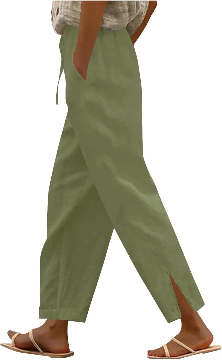 Linen Pants Women Petite 2025 Trendy Slit Wide Leg Beach Pants Summer Casual Loose Fit Lightweight Gauze Trousers