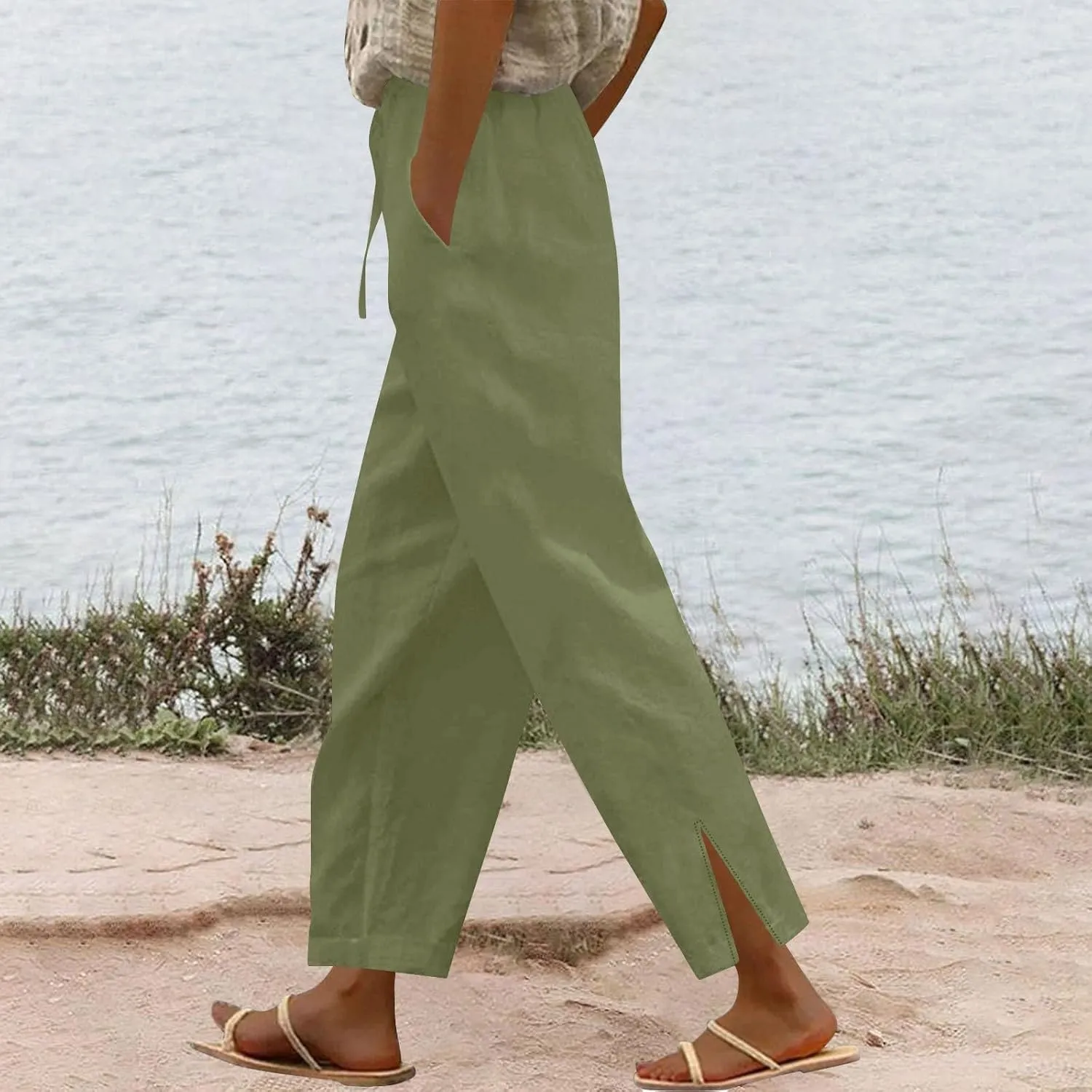 Linen Pants Women Petite 2025 Trendy Slit Wide Leg Beach Pants Summer Casual Loose Fit Lightweight Gauze Trousers