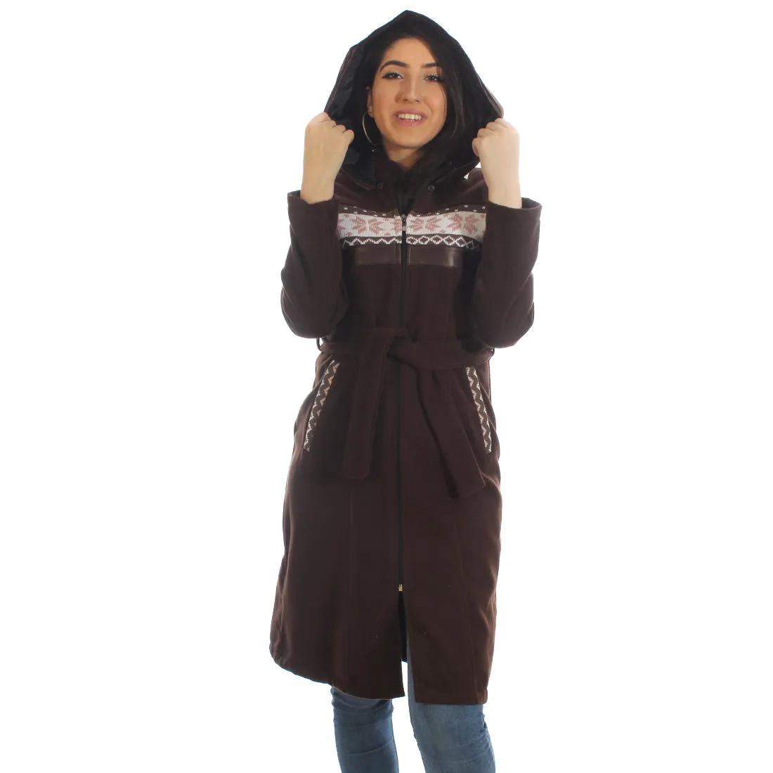 Long coat with removable hoodie/ brown -5896