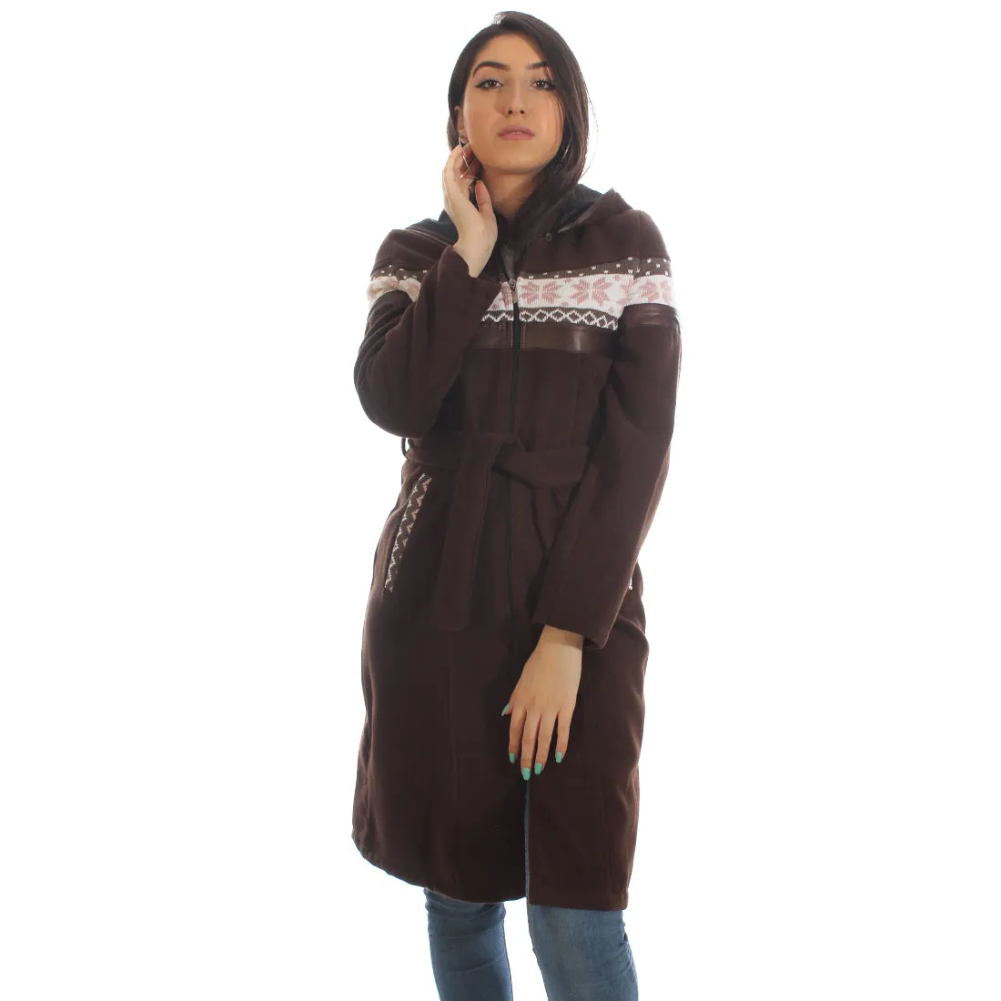 Long coat with removable hoodie/ brown -5896