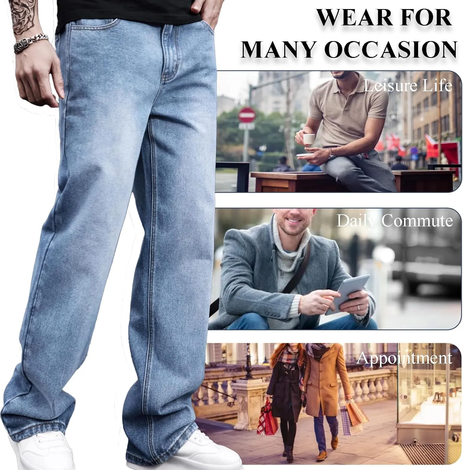 Men's Classic Jeans Relaxed Fit Jeans - Straight Leg Stretch Denim Pants with Comfort Flex Waist