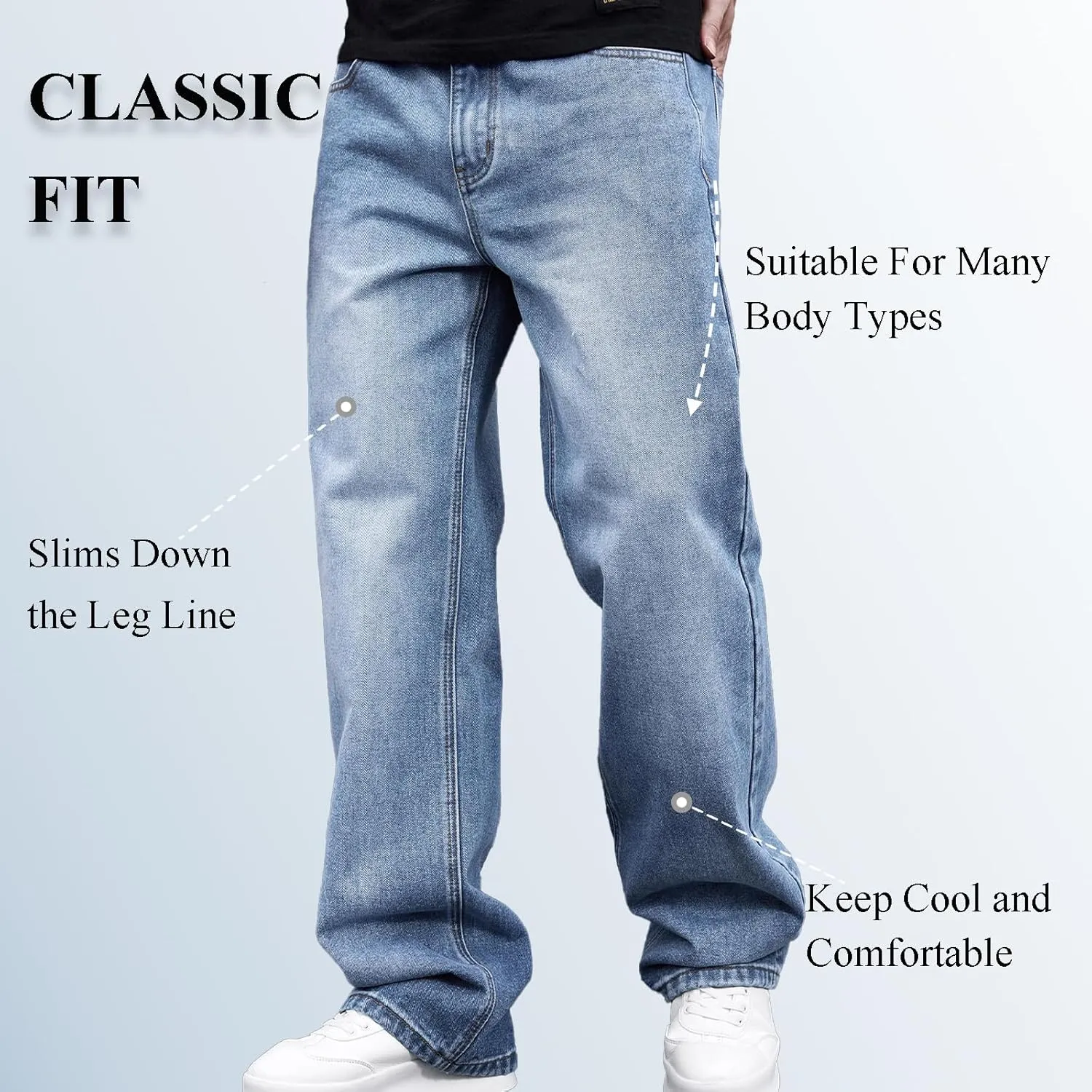 Men's Classic Jeans Relaxed Fit Jeans - Straight Leg Stretch Denim Pants with Comfort Flex Waist