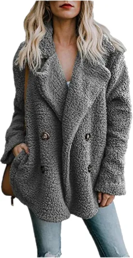 Mmoneyake Womens Fleece Jacket 2024 Fashion Winter Coat Lapel Button Faux Shearling Jackets Oversized Soft Shacket Outerwear