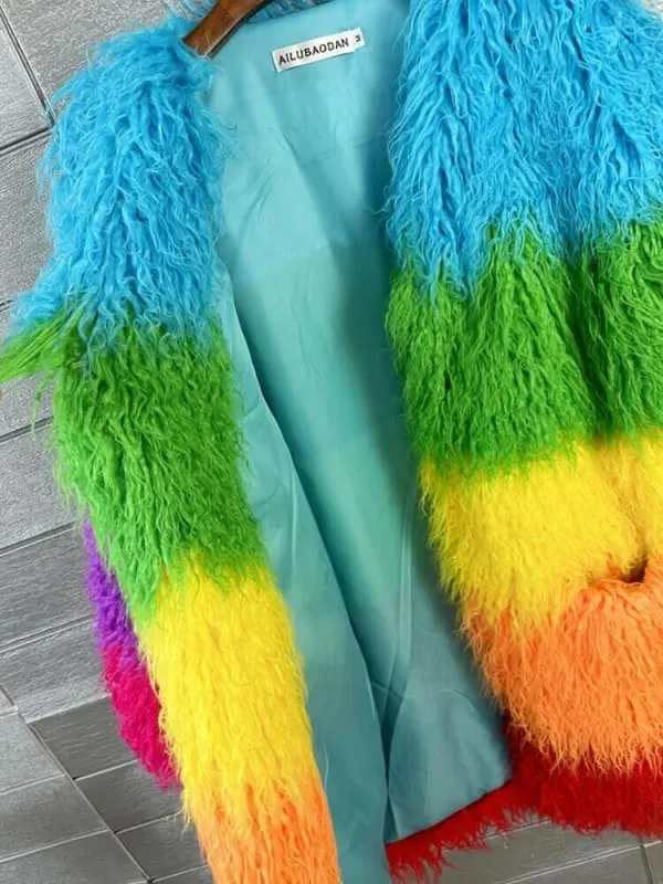 Niche Rainbow Shaggy Faux Fur Coat for Cozy Winter Style