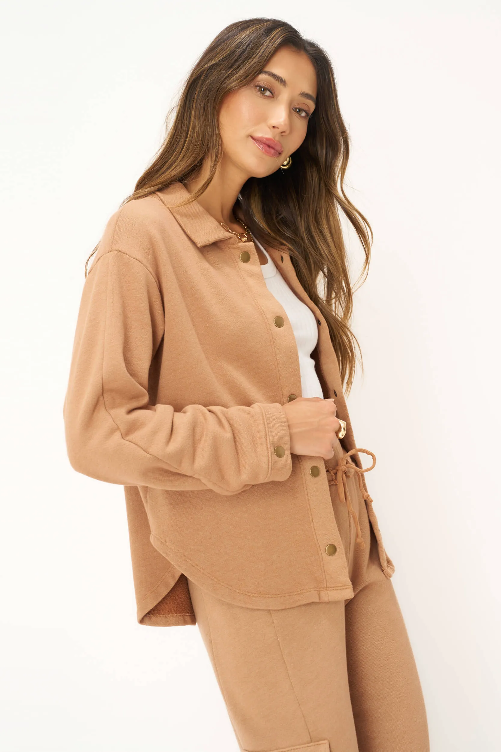 Nydia Snap Front Collared Jacket - Root Beer