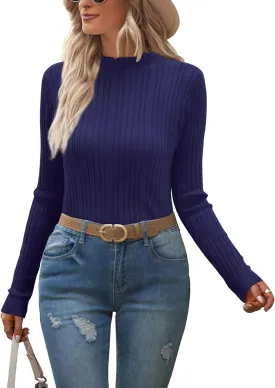 OUGES Womens 2024 Spring Summer Tops Basic Slim Fit Sweaters Turtleneck T Shirts Business Casual Outfits