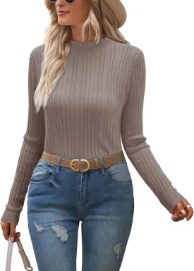 OUGES Womens 2024 Spring Summer Tops Basic Slim Fit Sweaters Turtleneck T Shirts Business Casual Outfits