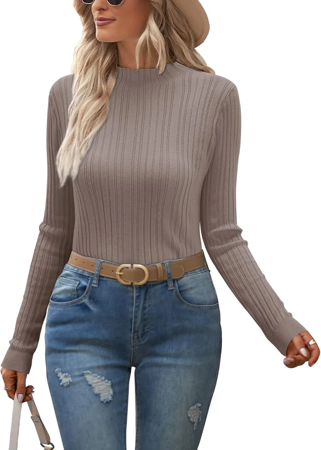 OUGES Womens 2024 Spring Summer Tops Basic Slim Fit Sweaters Turtleneck T Shirts Business Casual Outfits